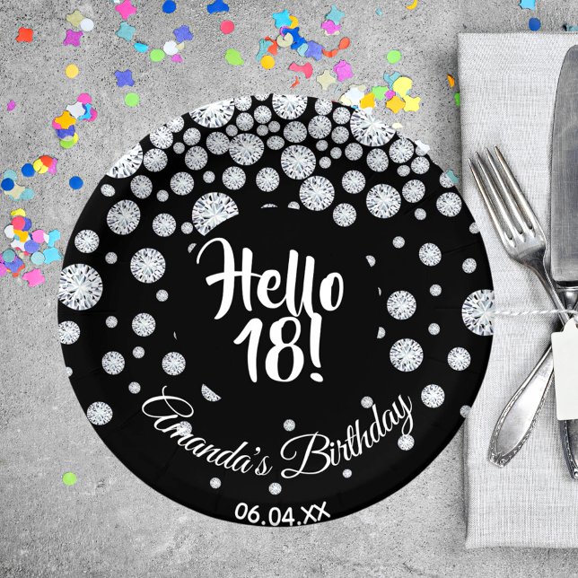 18th birthday party black hello 18 diamonds name paper plates (Creator Uploaded)