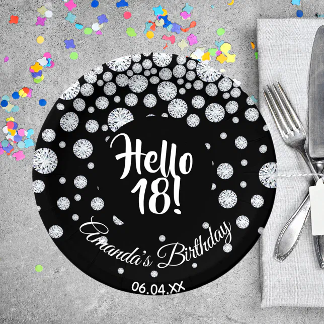 18th birthday party black hello 18 diamonds name paper plates | Zazzle