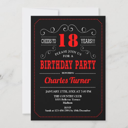 18th Birthday Party _ Black Red  White Invitation