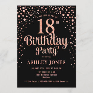 18th Birthday Party - Black & Rose Gold Invitation