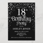 18th Birthday Party - Black & Silver Invitation<br><div class="desc">18th Birthday Party Invitation.
Elegant design in black and faux glitter silver. Features stylish script font and confetti. Message me if you need custom age.</div>