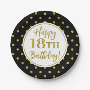 18th Birthday Party Black White Gold Dots Paper Plates