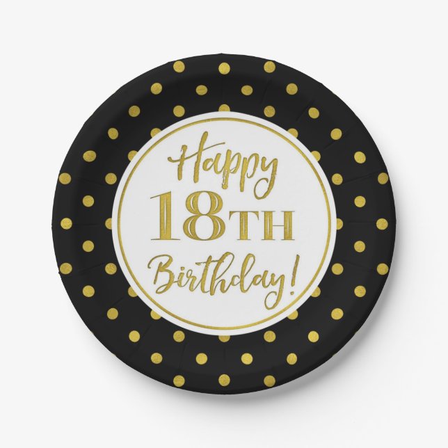 18th Birthday Party Black White Gold Dots Paper Plates (Front)