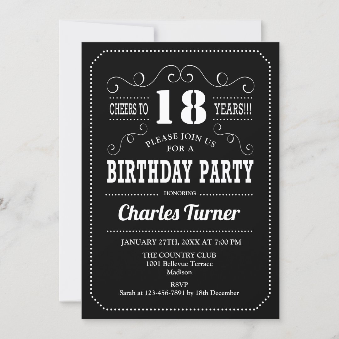 18th Birthday Party - Black White Invitation | Zazzle