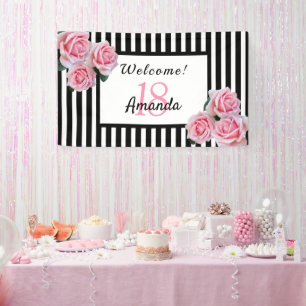 18th birthday party black white stripes florals banner