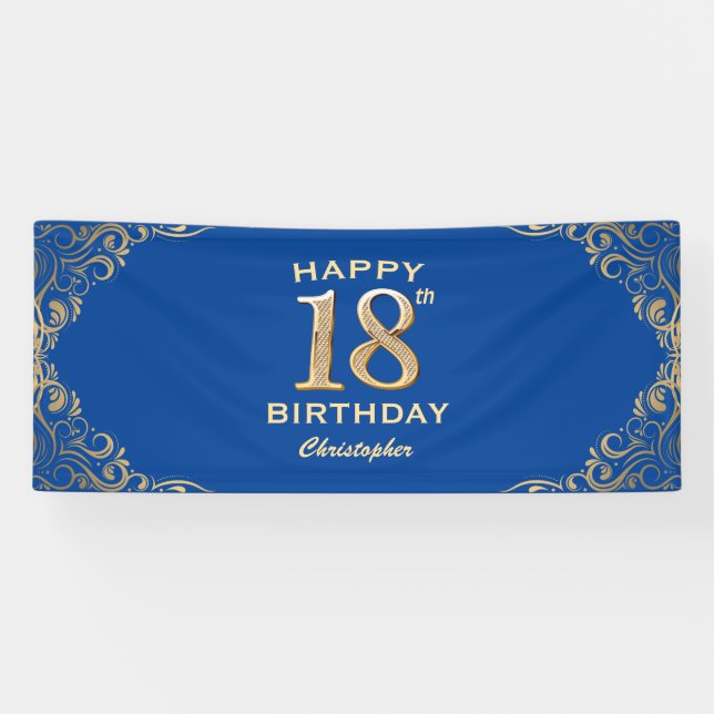 18th Birthday Party Blue and Gold Glitter Frame Banner (Horizontal)