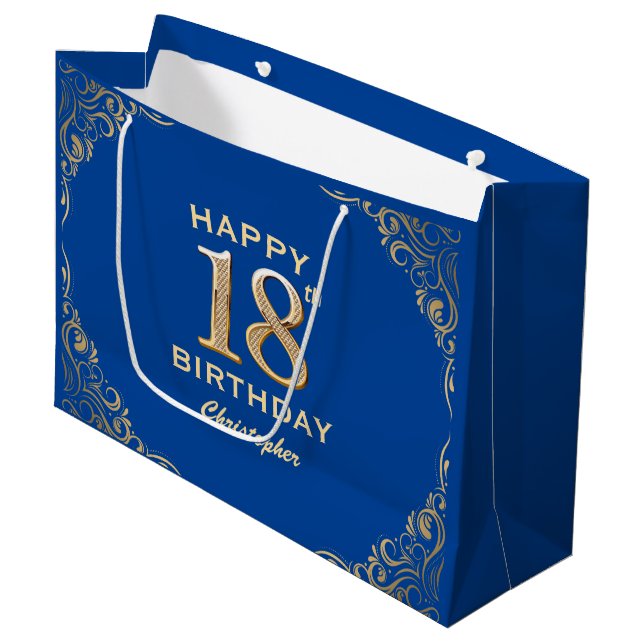 18th Birthday Party Blue and Gold Glitter Frame Large Gift Bag (Front Angled)