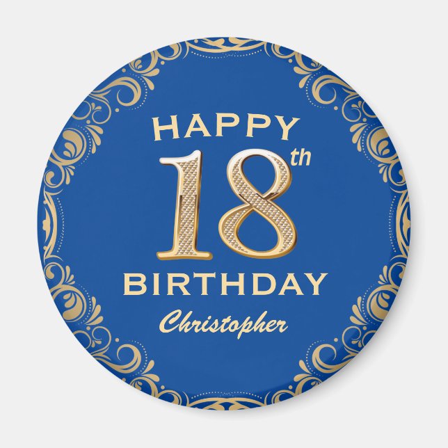 18th Birthday Party Blue and Gold Glitter Frame Magnet (Front)