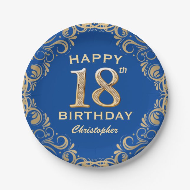 18th Birthday Party Blue and Gold Glitter Frame Paper Plates (Front)