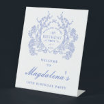 18th Birthday Party Blue Floral Crest Welcome Pedestal Sign<br><div class="desc">An elegant French vintage blue floral crest takes center stage on this timeless birthday welcome sign. Ornate,  formal and very feminine will make any birthday lady feel very special. Coordinating party supplies are available.</div>