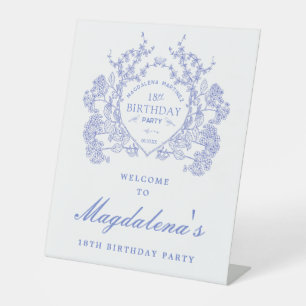18th Birthday Party Blue Floral Crest Welcome Pedestal Sign