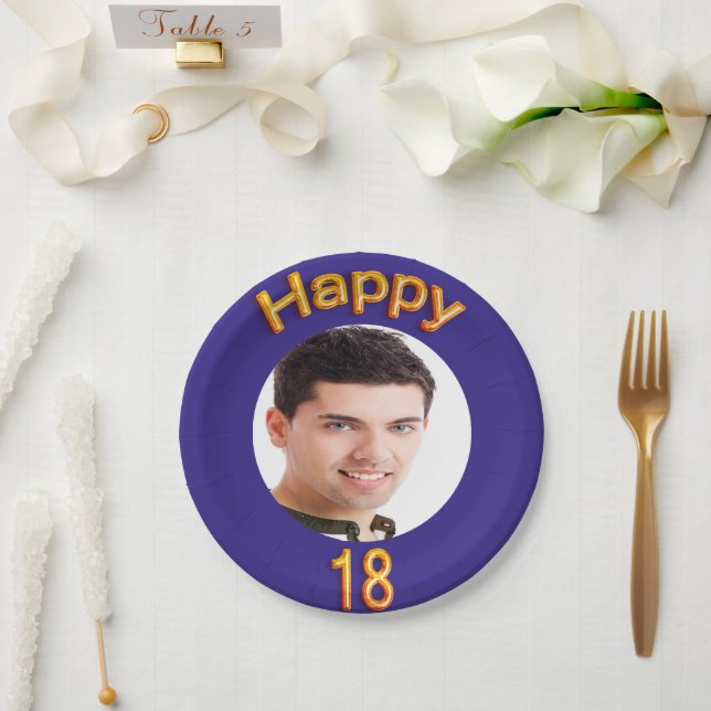 18th birthday party blue gold photo paper plates (Wedding)