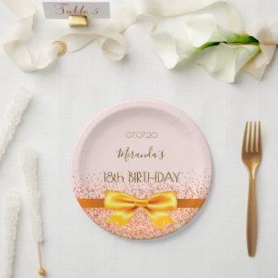 18th birthday party blush rose gold elegant bow paper plates