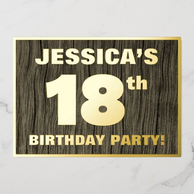 18th Birthday Party: Bold, Faux Wood Grain Pattern Foil Invitation (Front)