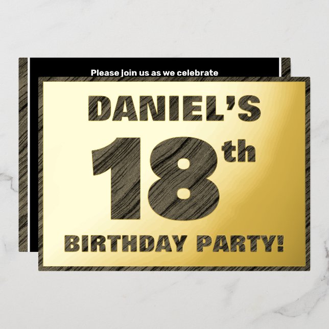 18th Birthday Party — Bold, Faux Wood Grain Text Foil Invitation (Front/Back)