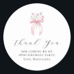 18th Birthday Party Bow Custom Thank You Favor Classic Round Sticker<br><div class="desc">Thank your guests for coming to your birthday party with this personalized thank you favor sticker.  It features a blush pink coquette bow accented with pink and blue wildflowers. Thank you is written in a lovely open script. Three lines let you customize your appreciation. All text is editable.</div>