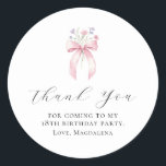 18th Birthday Party Bow Custom Thank You Favor Classic Round Sticker<br><div class="desc">Thank your guests for coming to your birthday party with this personalized thank you favor sticker.  It features a blush pink coquette bow accented with pink and blue wildflowers. Thank you is written in a lovely open script. Three lines let you customize your appreciation. All text is editable.</div>