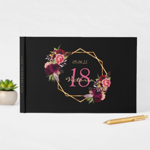 18th birthday party burgundy florals geometric guest book