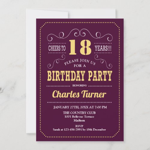 18th Birthday Party _ Burgundy Gold Invitation