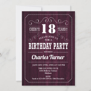 18th Birthday Party - Burgundy Wood Pattern Invitation
