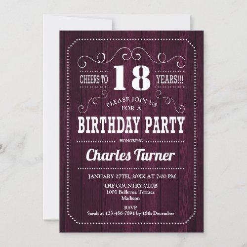18th Birthday Party _ Burgundy Wood Pattern Invitation