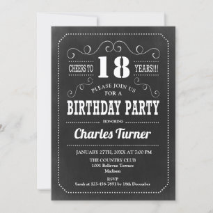 18th Birthday Party - Chalkboard Black White Invitation