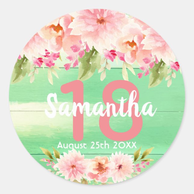 18th birthday party coral dahlia flowers green classic round sticker (Front)