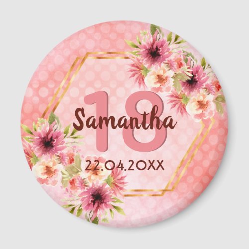 18th birthday party coral gold flowers hexagon magnet