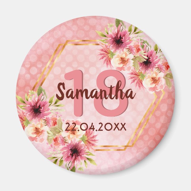 18th birthday party coral gold flowers hexagon magnet (Front)