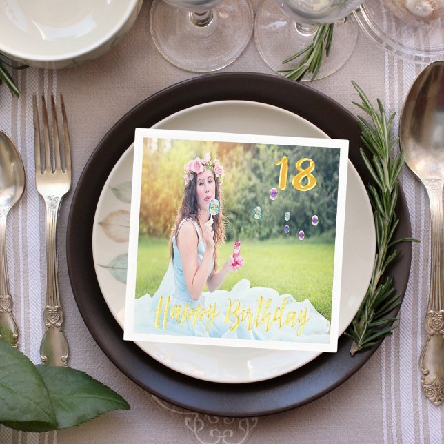18th birthday party custom photo faux gold script paper napkins (Creator Uploaded)