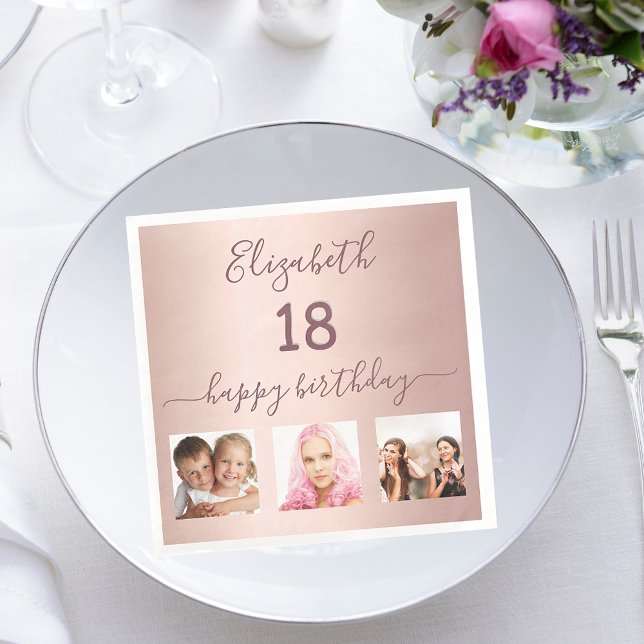 18th birthday party custom photo rose gold pink napkins (Creator Uploaded)