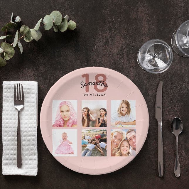 18th birthday party custom photo rose gold pink paper plates (Creator Uploaded)