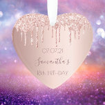 18th birthday party decor rose gold glitter ornament<br><div class="desc">An ornament for a girly and glamorous 18th birthday. A faux rose gold background with an elegant faux rose gold glitter drips, paint drip look. The text: The name is written in dark rose gold with a large modern hand lettered style script. Tempate for a date and age 18. Perfect...</div>