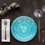 18th birthday party diamonds teal blue glitter paper plates<br><div class="desc">An elegant and glamorous paper plate for a 18th birthday party for a girl. A chic teal, green and light blue ombre faux glitter colored background. A teal colored circle with modern hand lettered style text: Hello 18! Faux diamonds as decoration. Template for a name and a date, curved text....</div>