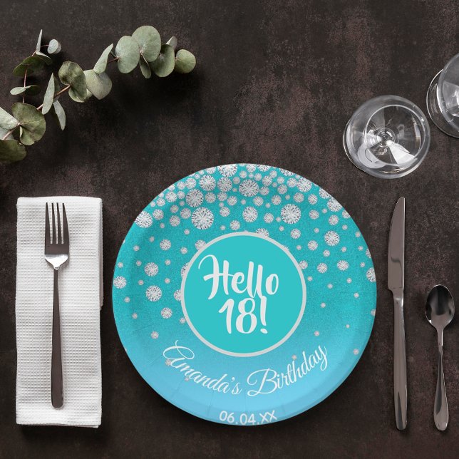 18th birthday party diamonds teal blue glitter paper plates (Creator Uploaded)