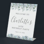 18th Birthday Party Dusty Blue Floral Welcome Pedestal Sign<br><div class="desc">Welcome your guests with this elegant tabletop pedestal sign. Pretty dusty blue roses,  peonies and wildflowers decorate the top and border. A classic and easy-to-read font combination takes only minutes to personalize.</div>