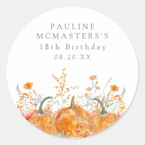 18th Birthday Party Fall Pumpkin Wildflower Custom Classic Round Sticker