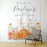 18th Birthday Party Fall Pumpkin Wildflower Tapestry<br><div class="desc">Fall pumpkins are nestled in delicate golden yellow and orange wildflowers to create an elegant aesthetic. All of the text is editable so you can easily craft your own special mood.</div>