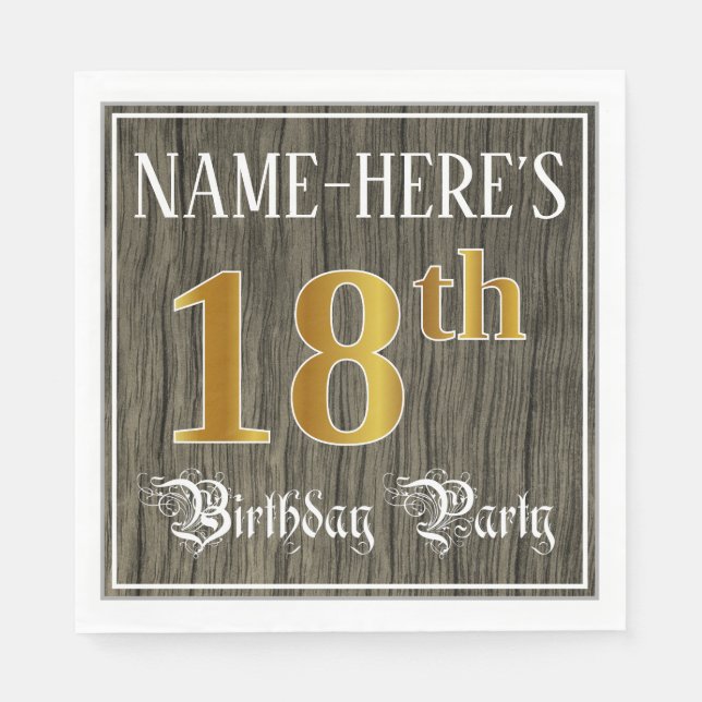18th Birthday Party — Faux Gold & Faux Wood Looks Napkins (Front)