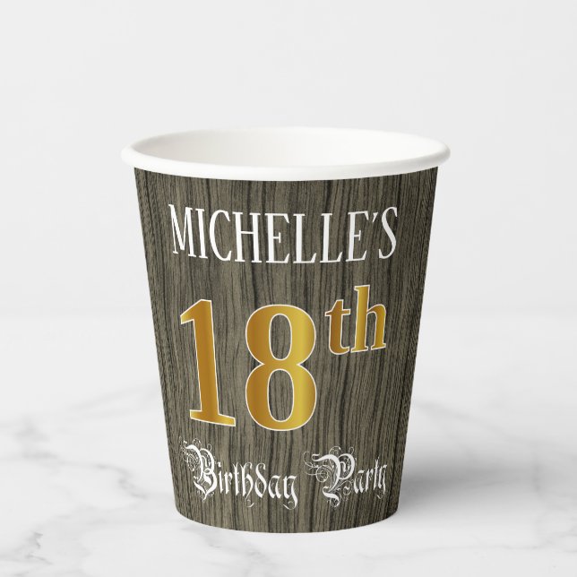 18th Birthday Party — Faux Gold & Faux Wood Looks Paper Cups (Front)