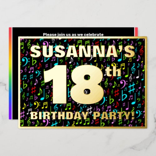 18th Birthday Party â Fun Colorful Music Symbols Foil Invitation