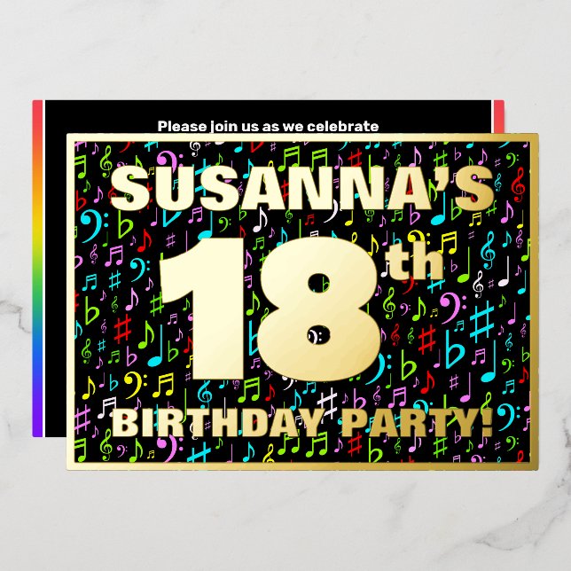 18th Birthday Party — Fun, Colorful Music Symbols Foil Invitation (Front/Back)