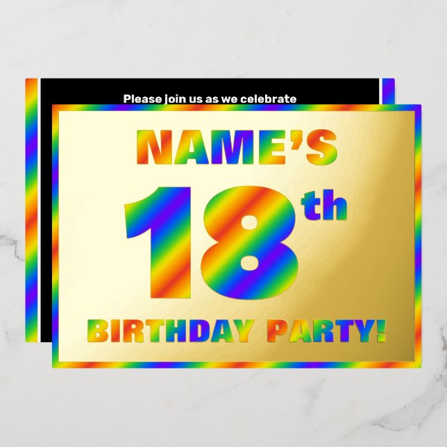 18th Birthday Party — Fun, Rainbow Spectrum “18” Foil Invitation (Front/Back)
