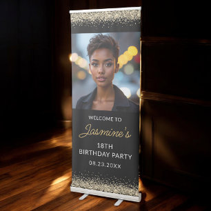 18th Birthday Party Gold Black Glitter Photo Retractable Banner