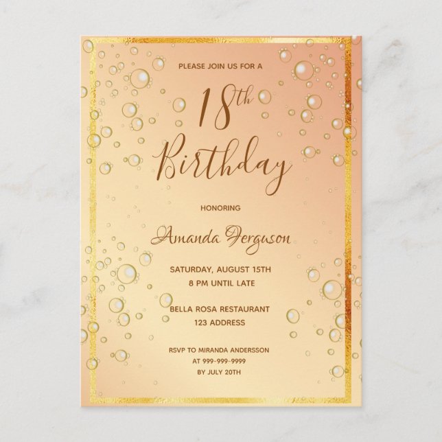 18th birthday party gold bubbles glam invitation postcard (Front)