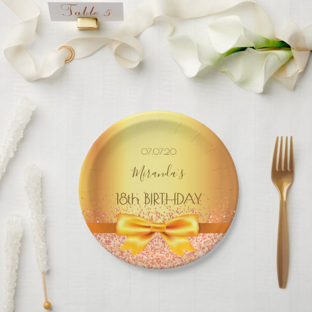 18th birthday party gold elegant bow name paper plates (Wedding)