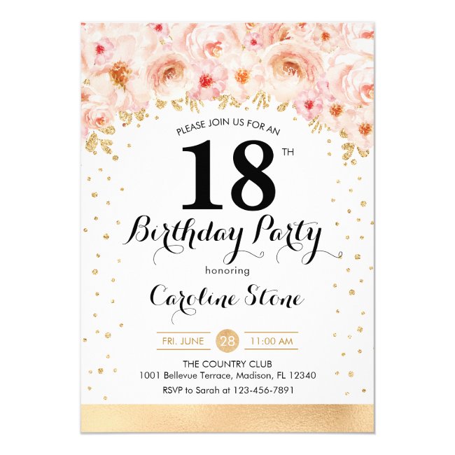18th Birthday Party - Gold Flowers Invitation