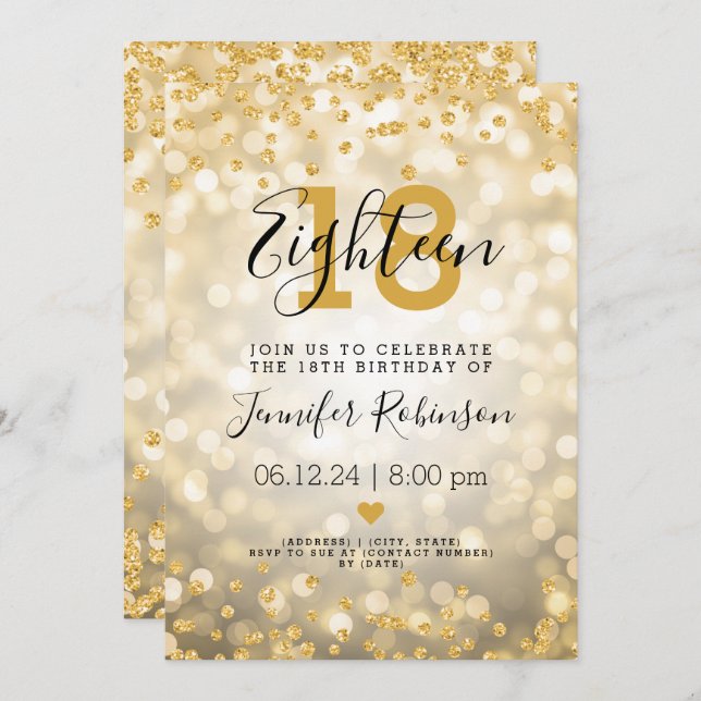 18th Birthday Party Gold Glam Glitter Lights Invitation (Front/Back)