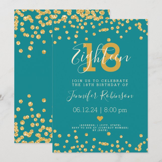 18th Birthday Party Gold Glam Glitter Lights Teal  Invitation (Front/Back)