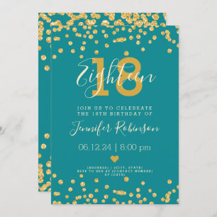 18th Birthday Party Gold Glam Glitter Lights Teal  Invitation